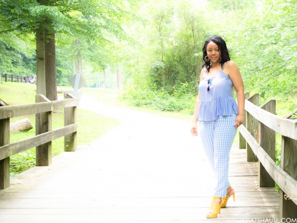 Gingham and Glow: What I'm Wearing - Blue Mirrored Aviator Sunglasses, Old Navy Gingham Peplum Cami, Old Navy Gingham Pants, West/Feren Berkshire Bag, Rockport Caged Sandals