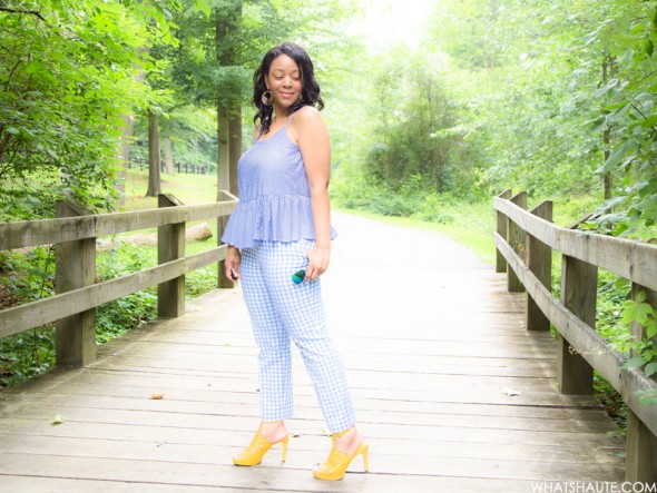 Gingham and Glow: What I'm Wearing - Blue Mirrored Aviator Sunglasses, Old Navy Gingham Peplum Cami, Old Navy Gingham Pants, West/Feren Berkshire Bag, Rockport Caged Sandals