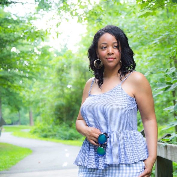 Gingham and Glow: What I'm Wearing - Blue Mirrored Aviator Sunglasses, Old Navy Gingham Peplum Cami, Old Navy Gingham Pants, West/Feren Berkshire Bag, Rockport Caged Sandals