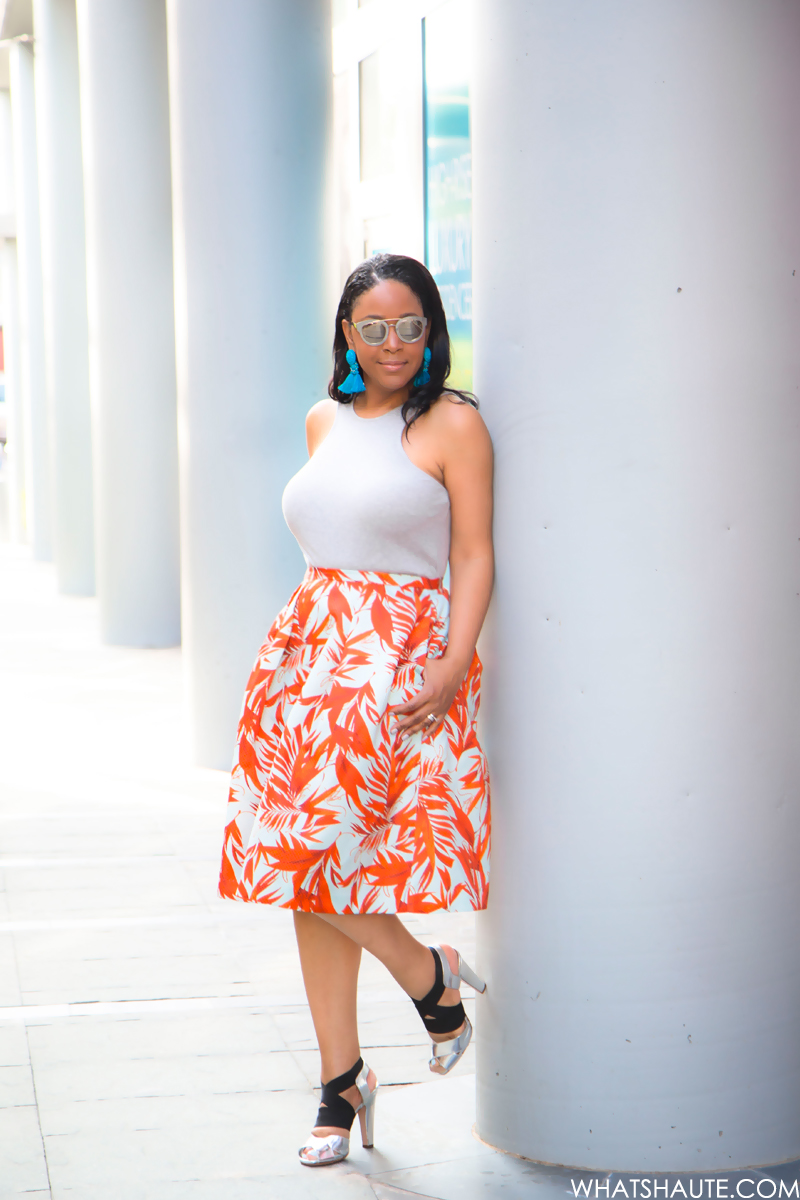 Last Days of Summer, What I'm Wearing: Racer Fronts & Palm Prints - AQS Jolene Wayfarer Sunglasses, H&M Tassel earrings, H&M Racer Front Tank, H&M Patterned Skirt, Prada Elastic Crisscross Specchio Sandal in Silver