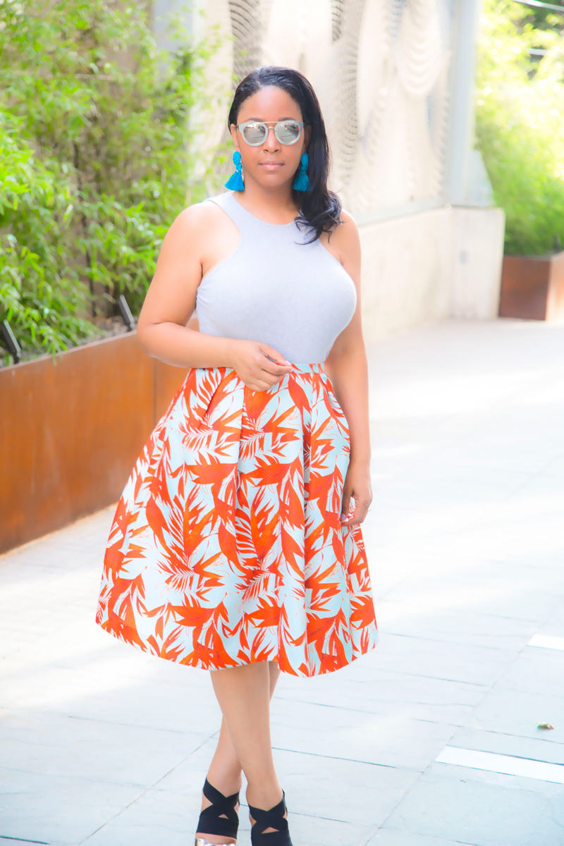 Last Days of Summer, What I'm Wearing: Racer Fronts & Palm Prints - AQS Jolene Wayfarer Sunglasses, H&M Tassel earrings, H&M Racer Front Tank, H&M Patterned Skirt, Prada Elastic Crisscross Specchio Sandal in Silver