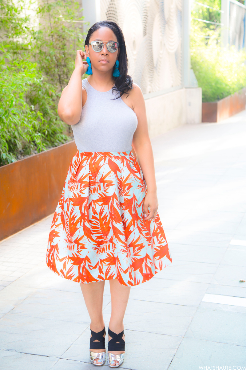 Last Days of Summer, What I'm Wearing: Racer Fronts & Palm Prints - AQS Jolene Wayfarer Sunglasses, H&M Tassel earrings, H&M Racer Front Tank, H&M Patterned Skirt, Prada Elastic Crisscross Specchio Sandal in Silver