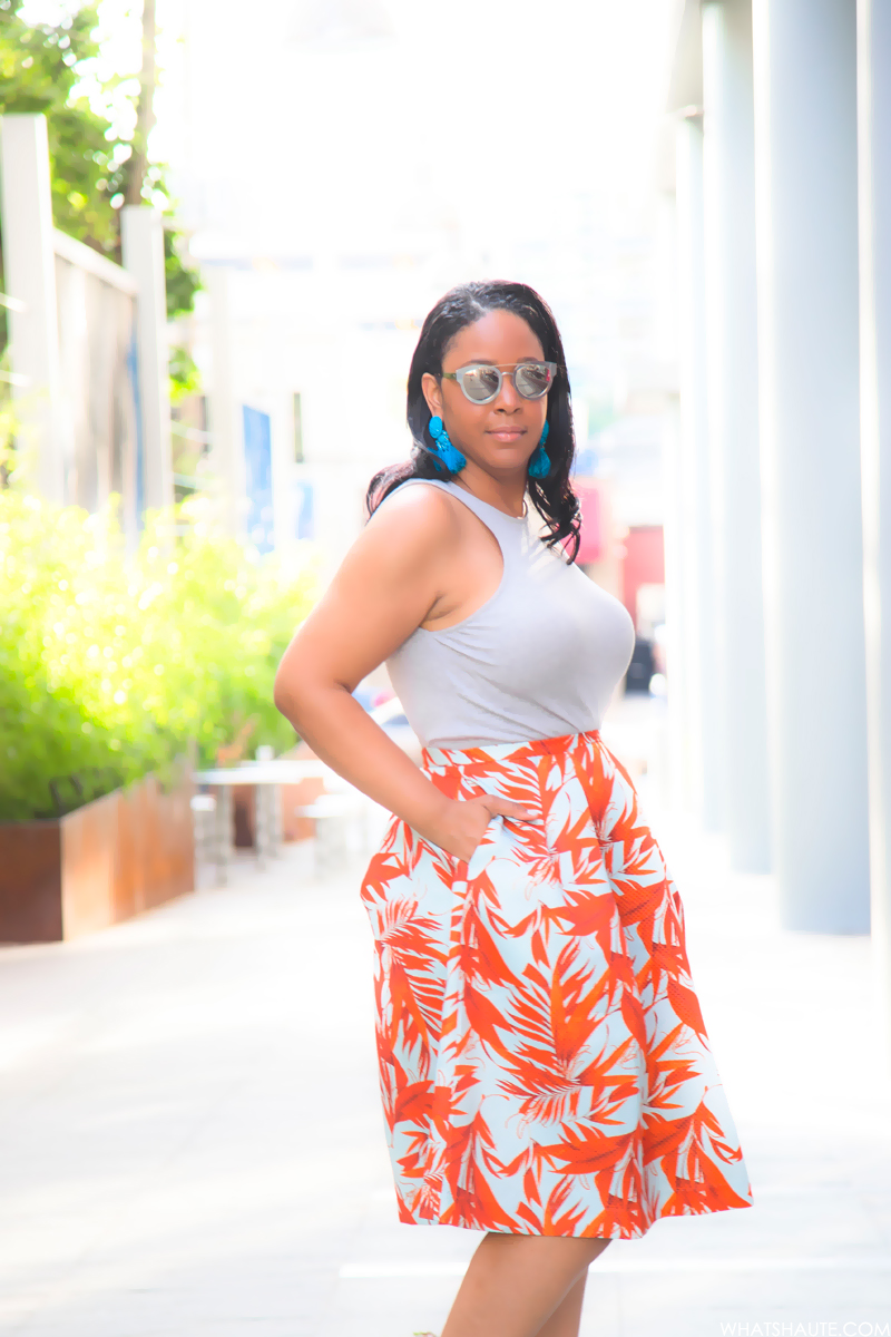 Last Days of Summer, What I'm Wearing: Racer Fronts & Palm Prints - AQS Jolene Wayfarer Sunglasses, H&M Tassel earrings, H&M Racer Front Tank, H&M Patterned Skirt, Prada Elastic Crisscross Specchio Sandal in Silver