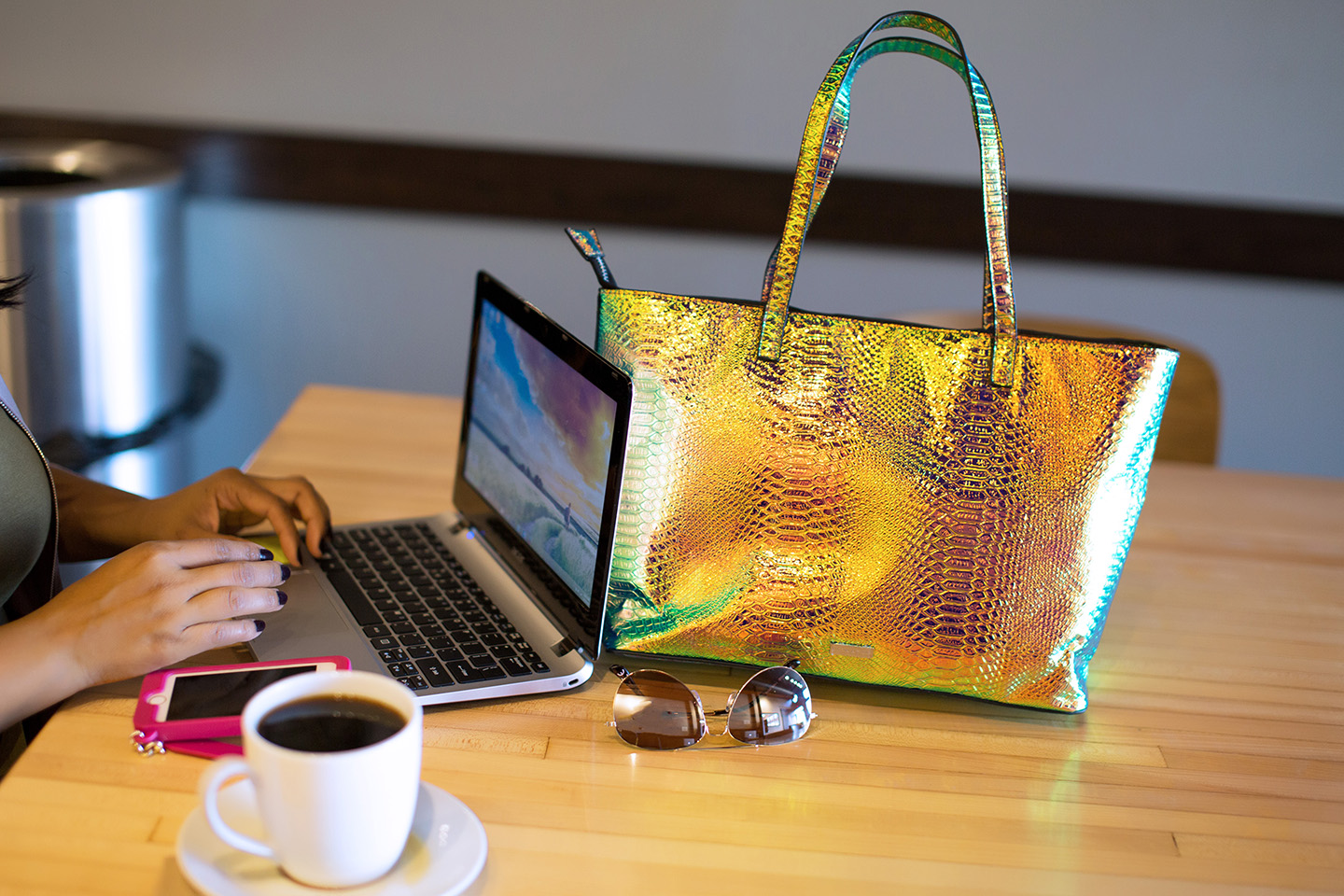 My Day to Night Style in D.C., With Topshop, Ally Aviator Sunglasses, Wrap Jersey Dress, pink Satin Bomber Jacket, Comet Large Tote Bag by Skinny Dip, gold RIOT Flared Mules, coffee shop