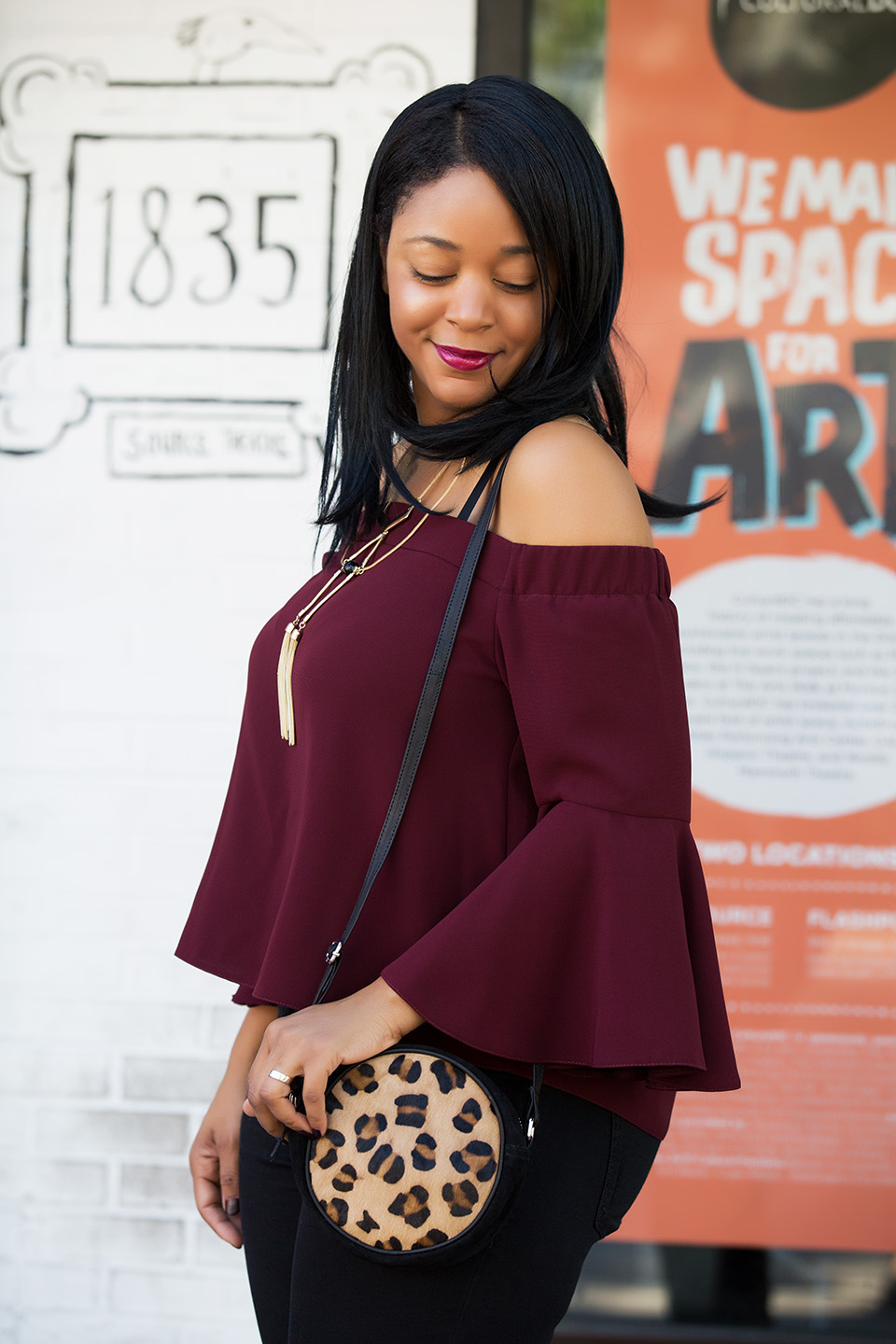 My Day to Night Style in D.C., With Topshop, Moto Black Ripped Leigh Jeans, Tassel Linked Collar Necklace, Flute Sleeve Bardot Top, gold RIOT Flared Mules, leopard print Suede Circle Cross Body Bag