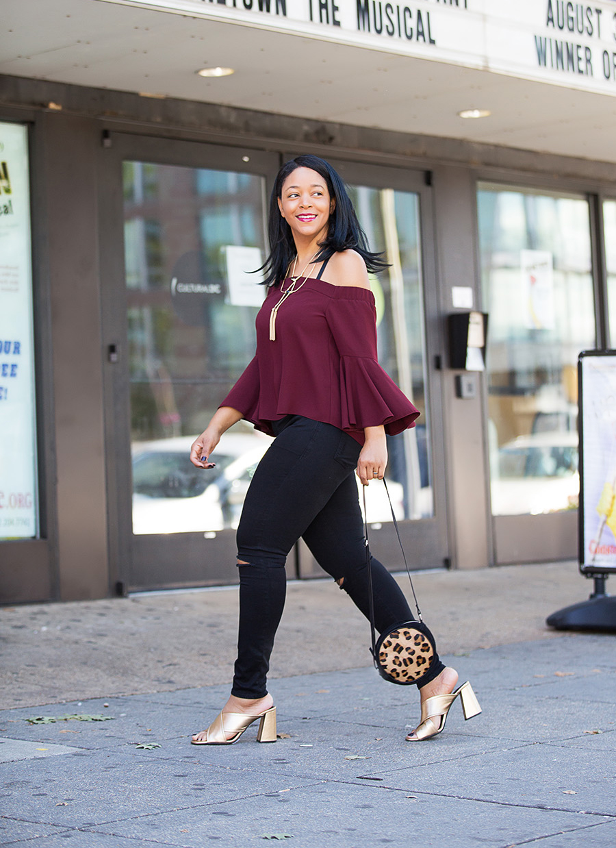 My Day to Night Style in D.C., With Topshop, Moto Black Ripped Leigh Jeans, Tassel Linked Collar Necklace, Flute Sleeve Bardot Top, gold RIOT Flared Mules, leopard print Suede Circle Cross Body Bag