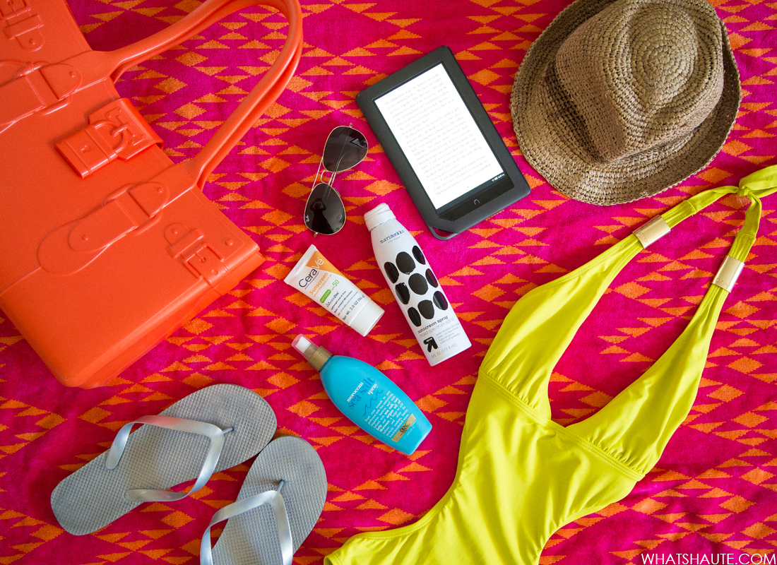 Last Call for Summer: 10 Things to Bring to the Beach this Labor Day Weekend: beach towel, Great Bag Model M tote beach bag, Ray-Ban 'Large Original Aviator' 62mm Sunglasses, CeraVe Sunscreen Body Lotion with SPF 50, raffia fedora, OGX Moroccan Sea Salt Spray, NOOK eReader, Neon Monokini sexy swimsuit, Sunscreen Spray, CeraVe Facial Moisturizing Lotion AM with SPF 30, metallic Flip Flops