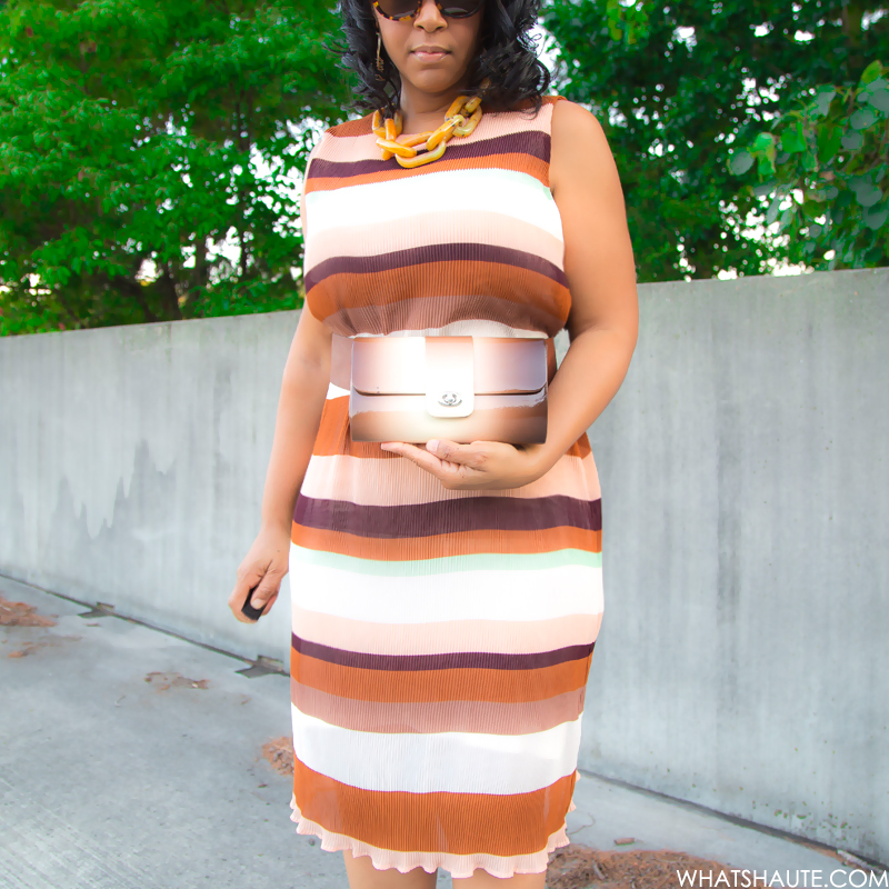 Thoughts on #TeacherBae + Dressing Your Body Type, What I'm Wearing, Ben Amun tortoise Resin Link Necklace, H&M striped Pleated dress, Julia Cocco' ombre clutch, French Connection 'Katrin' Sandal, House of Harlow 1960 Chelsea sunglasses