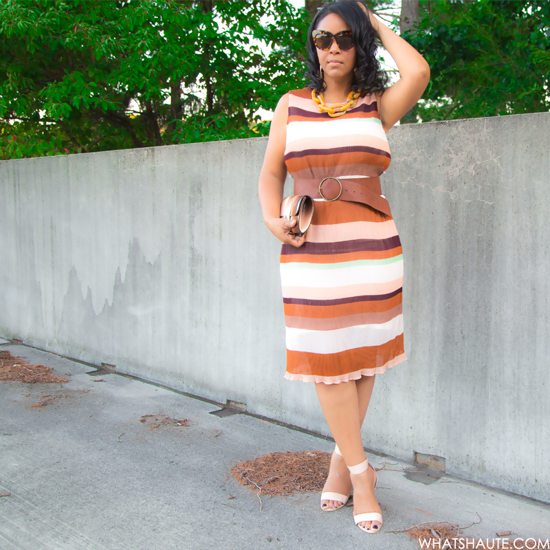 Thoughts on #TeacherBae + Dressing Your Body Type, What I'm Wearing, Ben Amun tortoise Resin Link Necklace, H&M striped Pleated dress, Julia Cocco' ombre clutch, French Connection 'Katrin' Sandal, House of Harlow 1960 Chelsea sunglasses