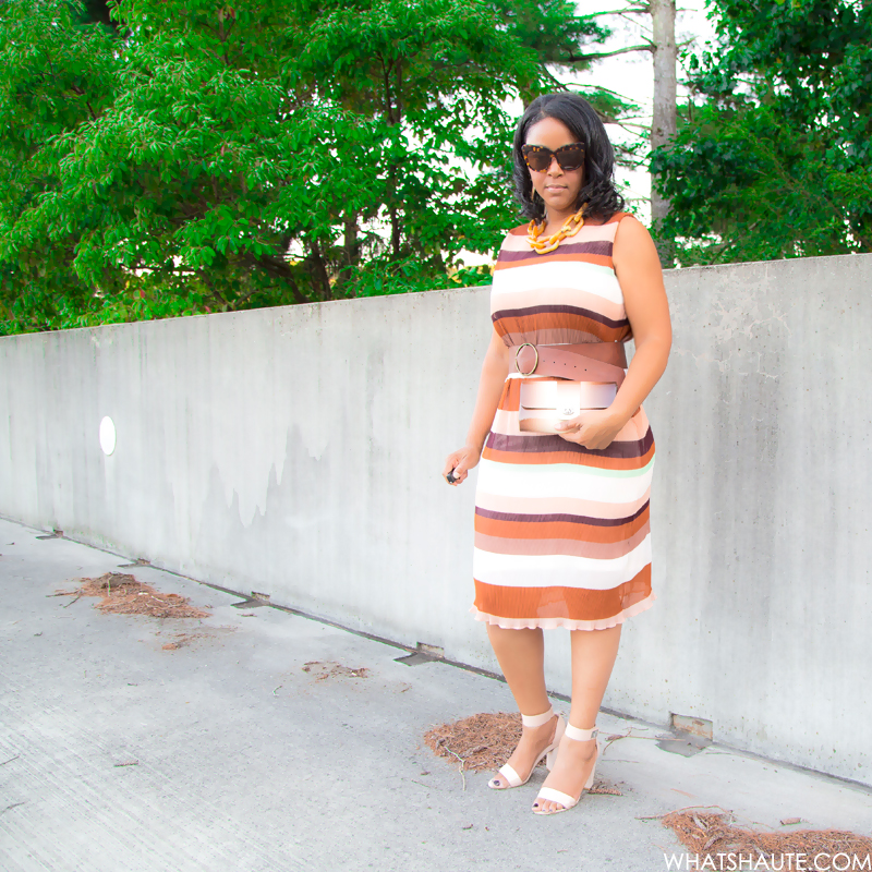 Thoughts on #TeacherBae + Dressing Your Body Type, What I'm Wearing, Ben Amun tortoise Resin Link Necklace, H&M striped Pleated dress, Julia Cocco' ombre clutch, French Connection 'Katrin' Sandal, House of Harlow 1960 Chelsea sunglasses