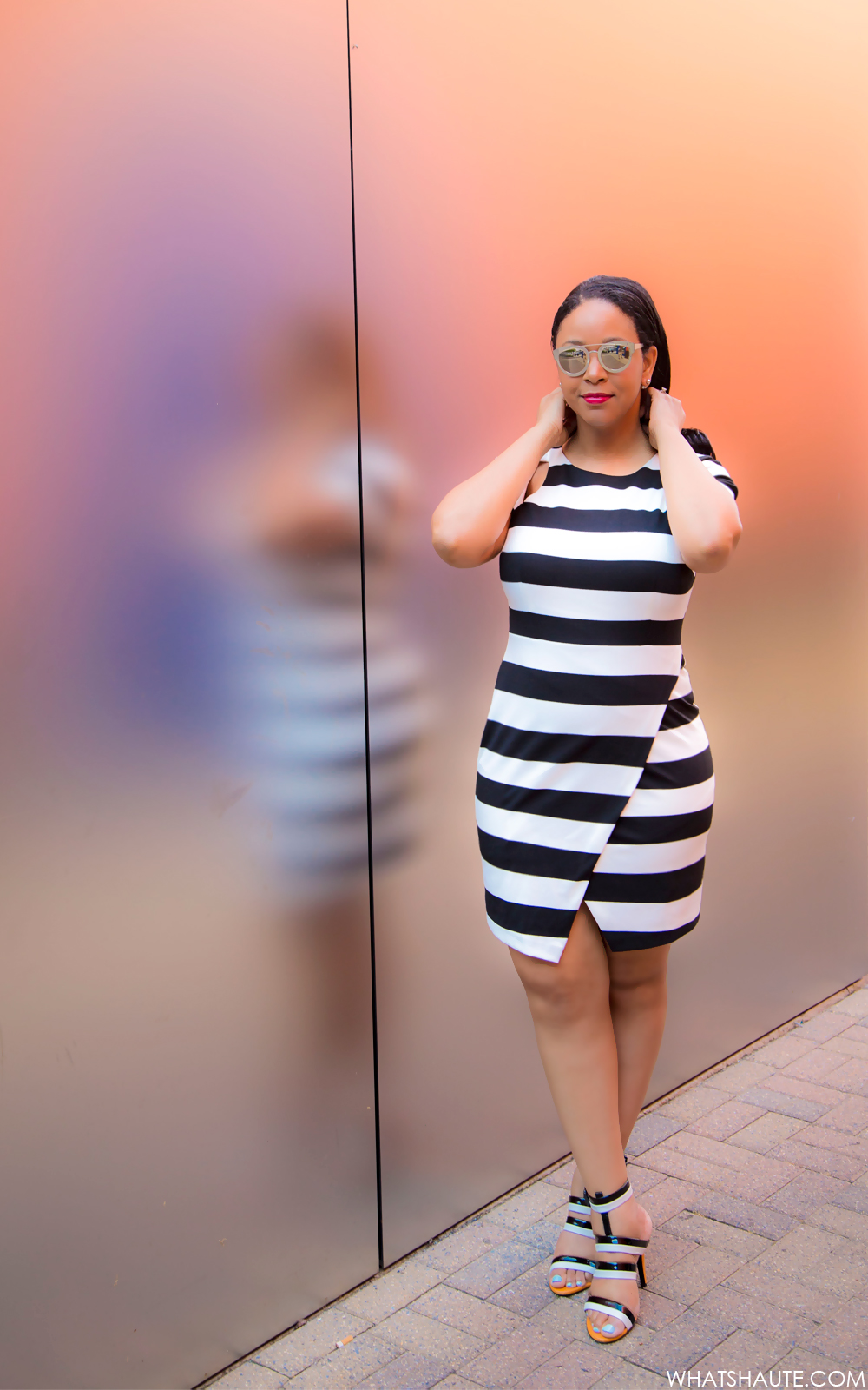 What I'm Wearing: AQS Jolene Browbridge Wayfarer Sunglasses, Ivy & Blu Short Sleeve Striped Ponte Dress with Cut Out Detail, Bottega Veneta black & white Striped Three Strap Sandals, what to wear to work, Back to Work, work outfit ideas