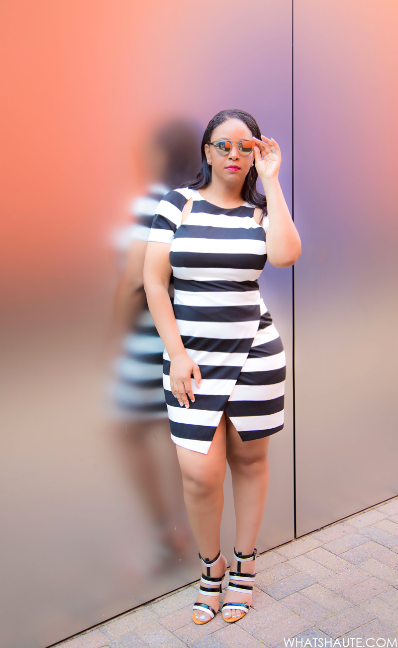 What I'm Wearing: AQS Jolene Browbridge Wayfarer Sunglasses, Ivy & Blu Short Sleeve Striped Ponte Dress with Cut Out Detail, Bottega Veneta black & white Striped Three Strap Sandals, what to wear to work, Back to Work, work outfit ideas