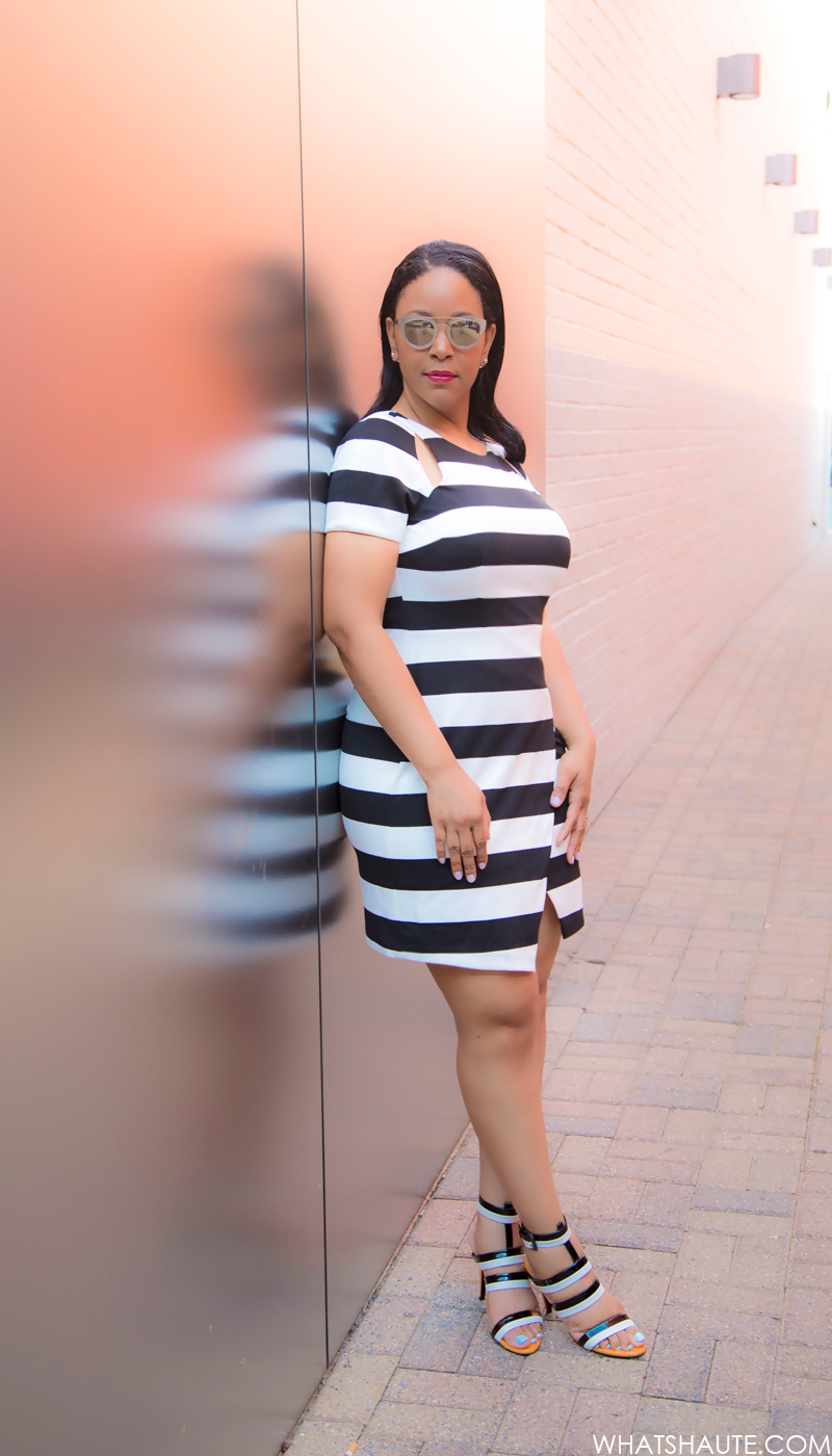 What I'm Wearing: AQS Jolene Browbridge Wayfarer Sunglasses, Ivy & Blu Short Sleeve Striped Ponte Dress with Cut Out Detail, Bottega Veneta black & white Striped Three Strap Sandals, what to wear to work, Back to Work, work outfit ideas