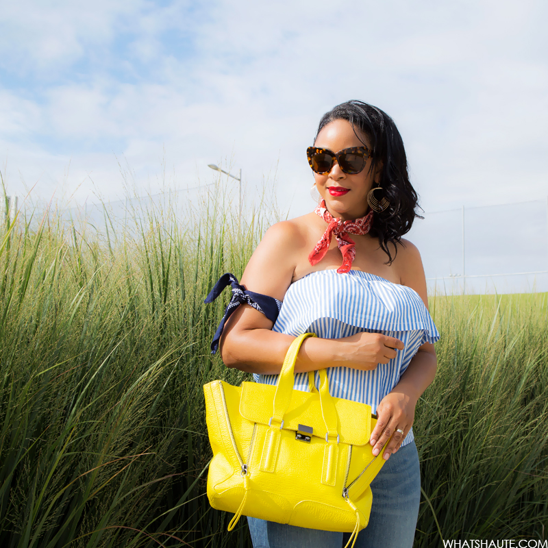 Transitional Piece: the Strapless Flounced Top, What I'm Wearing: H&M Strapless Flounced Top, House of Harlow Chelsea Cat Eye Sunglasses, Bandanas, Women's High-rise Straight Leg Jeans Medium Wash – Mossimo™, 3.1 Phillip Lim Medium Pashli Satchel in yellow, Pom Pom Sandals