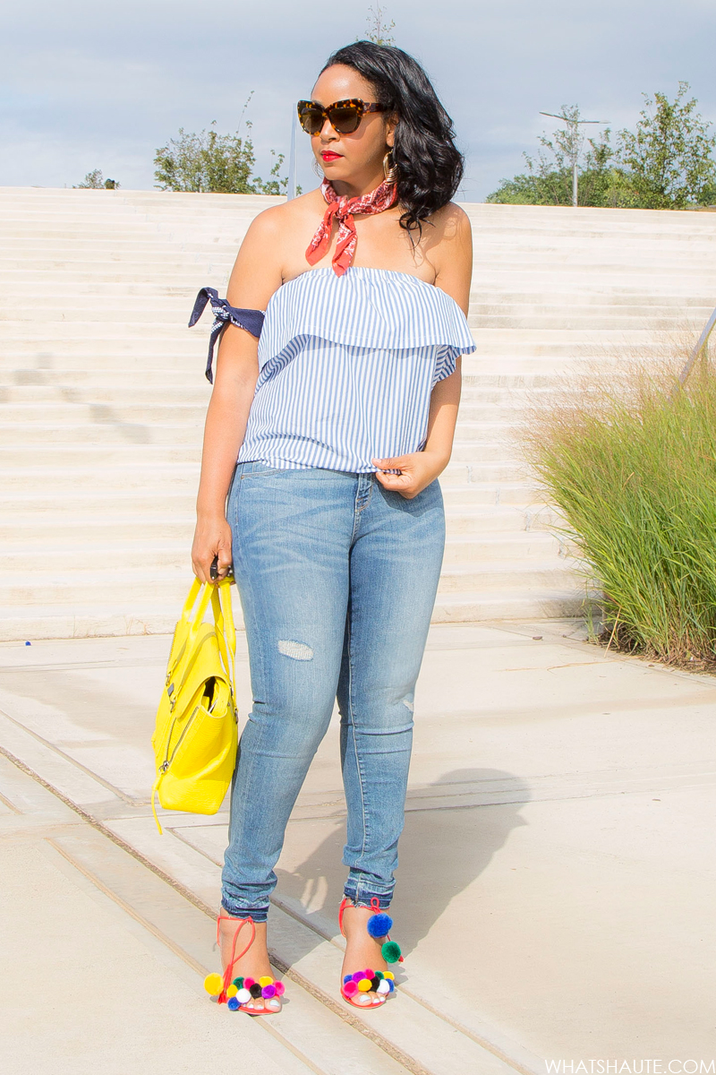 Transitional Piece: the Strapless Flounced Top, What I'm Wearing: H&M Strapless Flounced Top, House of Harlow Chelsea Cat Eye Sunglasses, Bandanas, Women's High-rise Straight Leg Jeans Medium Wash – Mossimo™, 3.1 Phillip Lim Medium Pashli Satchel in yellow, Pom Pom Sandals