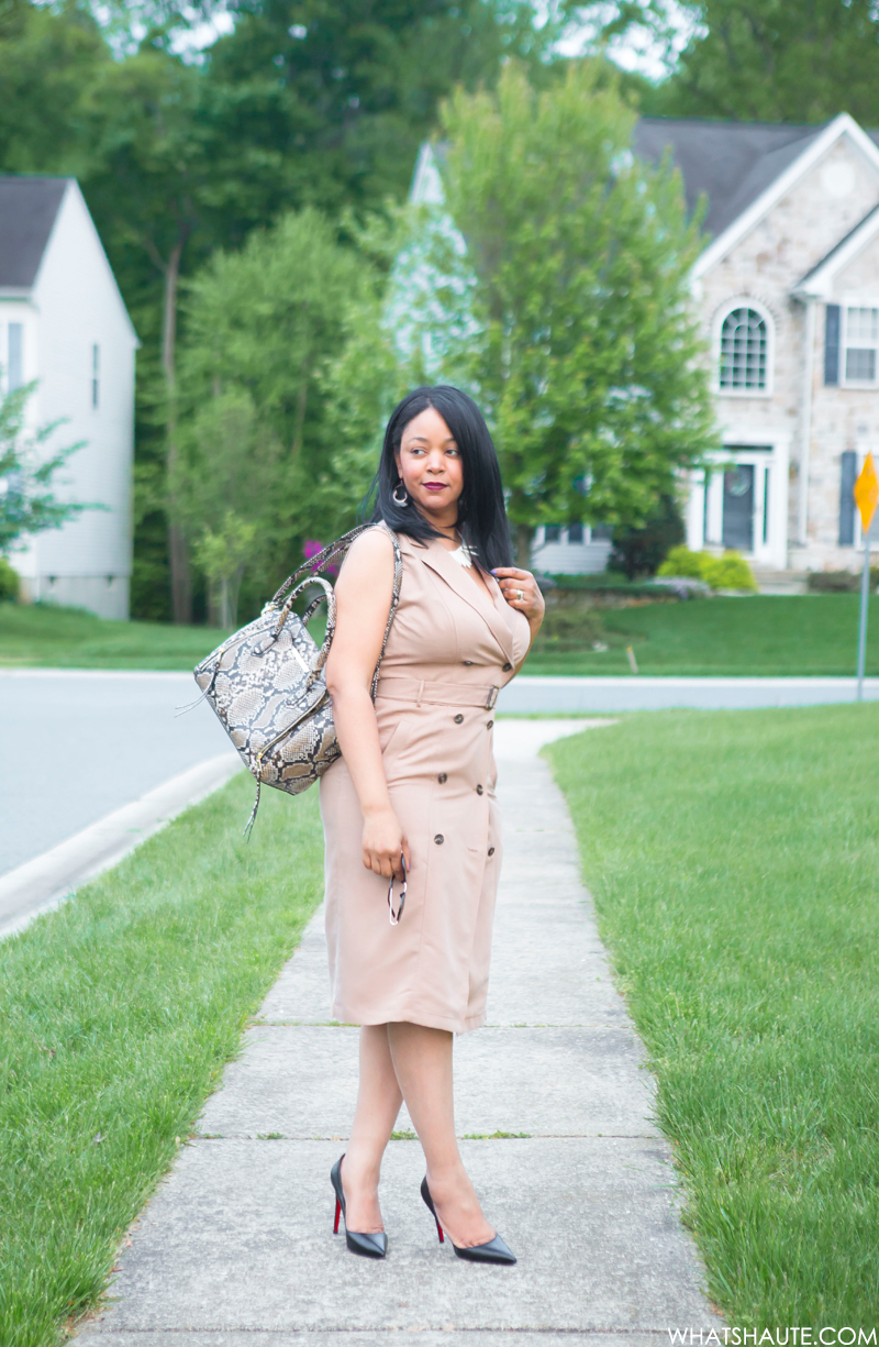 What I'm Wearing: White House Black Market Sleeveless Trench Dress, Women's Round Sunglasses, Christian Louboutin Pigalle Pumps, Mossimo Women's Snake Print Satchel Handbag