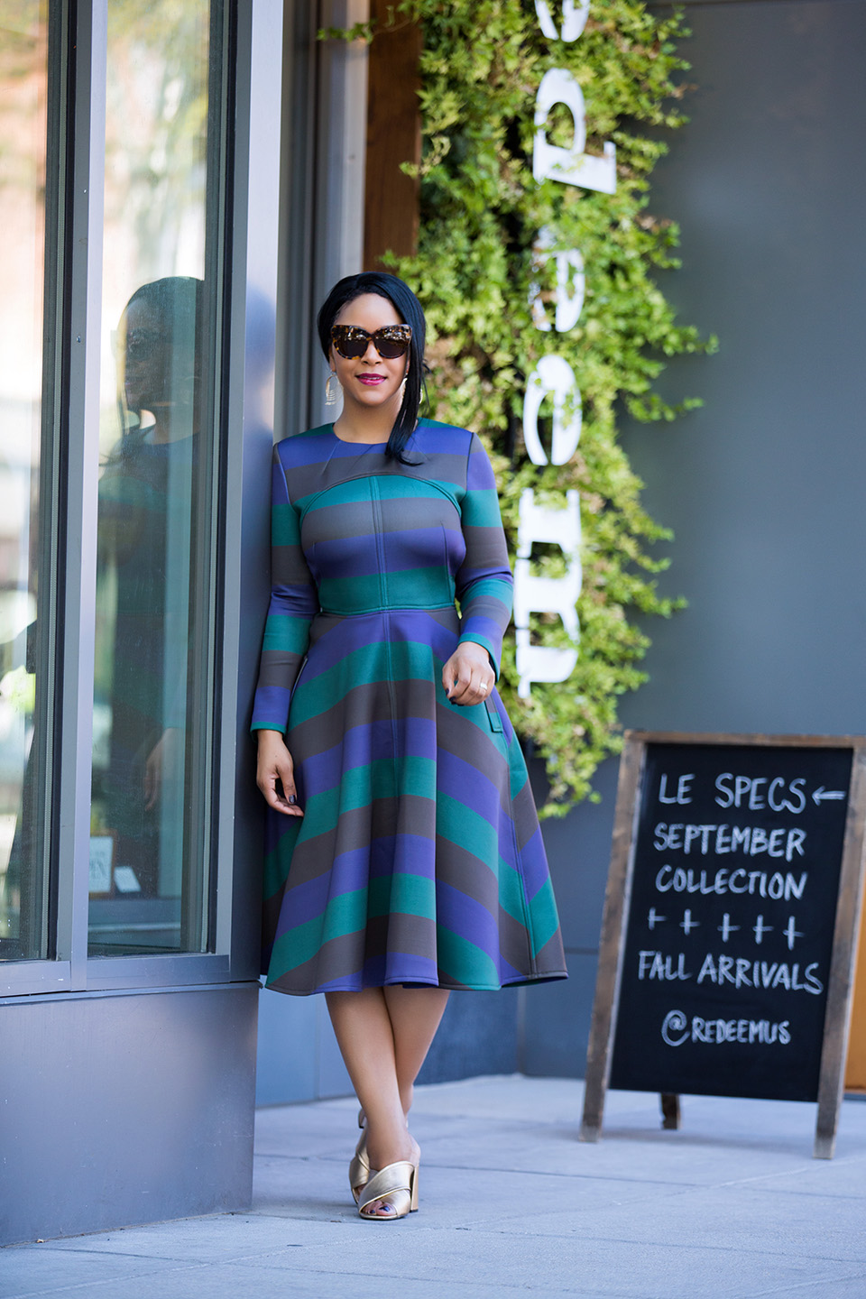 The Mullet Dress - What I'm Wearing: Chicwish Demure Green Striped Open-back Dress, Topshop RIOT Flared gold Mules, House of Harlow 1960 Chelsea Cat Eye Sunglasses in tortoiseshell, Charming Charlie Waved Layer Dangle Earrings