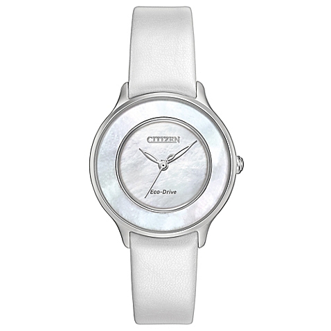 Citizen L Eco-Drive 30mm Circle of Time Mother of Pearl Dial Watch in Stainless Steel w/Leather Strap