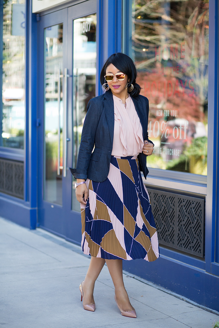 What I'm Wearing: Business Casual With a Kick, zeroUV Two-Toned Split Mirror Sunglasses, Waved Layer Dangle Earrings, Charming Charlie Divine Druzy Necklace OS Rose Gold, 7th Avenue Design Studio Two-Button Jacket - Modern Fit - Grand Sapphire, Ann Taylor Ruffled Shell, Ann Taylor Mosaic Pleated Skirt, Christian Louboutin 'Pigalle Follies' nude Pointy Toe Pump