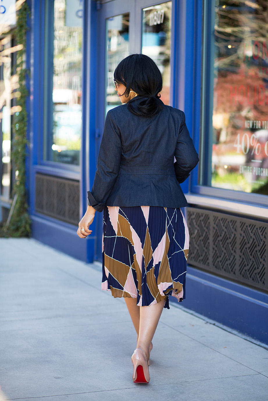 What I'm Wearing: Business Casual With a Kick, zeroUV Two-Toned Split Mirror Sunglasses, Waved Layer Dangle Earrings, Charming Charlie Divine Druzy Necklace OS Rose Gold, 7th Avenue Design Studio Two-Button Jacket - Modern Fit - Grand Sapphire, Ann Taylor Ruffled Shell, Ann Taylor Mosaic Pleated Skirt, Christian Louboutin 'Pigalle Follies' nude Pointy Toe Pump