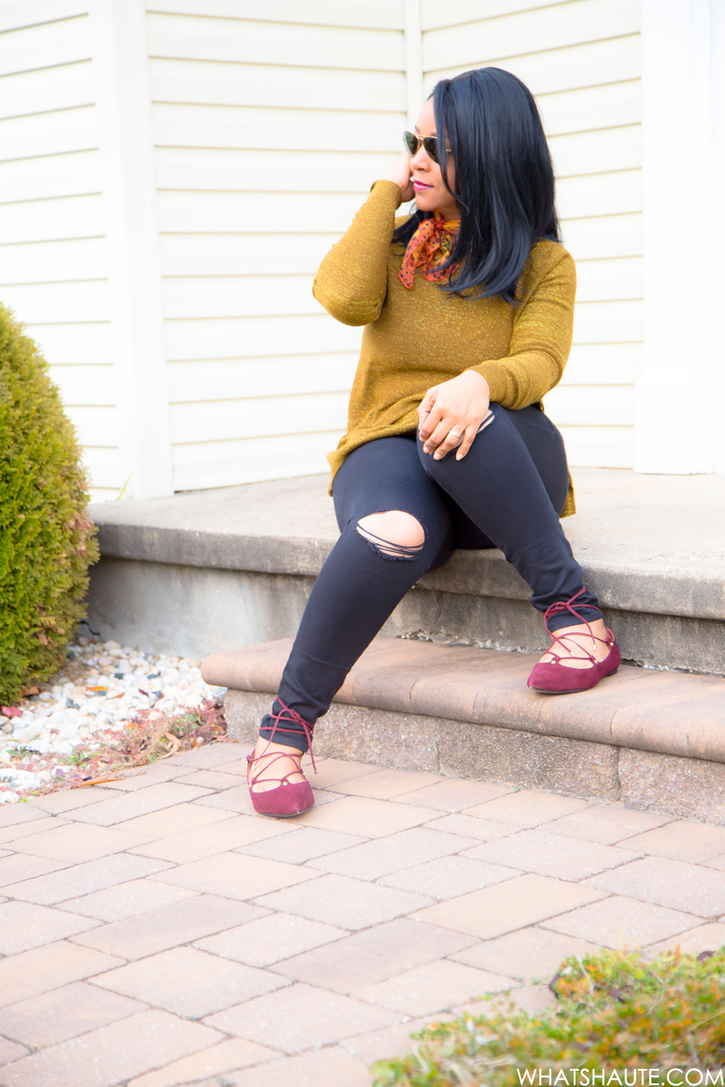 Post Holiday Sparkle - What I'm Wearing, Ray-Ban Aviator Large Metal Sunglasses, Mila & Such Playful Scarf, H&M Fine-knit Sweater, Topshop Moto 'Leigh' Ripped Skinny Jeans, Lace-Up Ghillie Flats