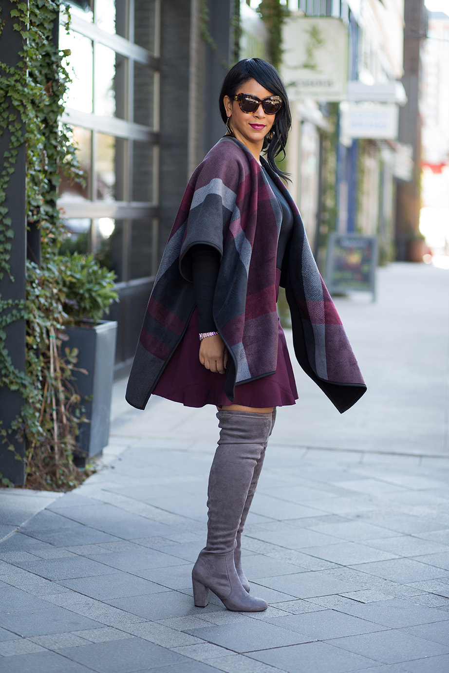 A case for Cold Weather capes: Costco wool print cape, Gap Long Sleeve Crew Tee, LOFT skirt, Grey Over the Knee Boots, House of Harlow Chelsea sunglasses, outfit of the day