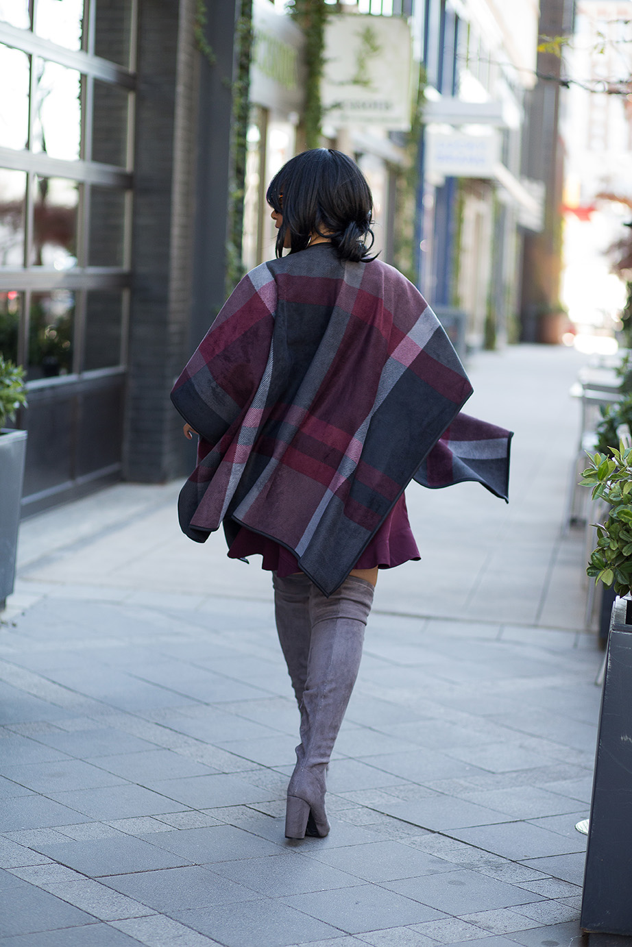 A case for capes: Costco wool print cape, Gap Long Sleeve Crew Tee, LOFT skirt, Grey Over the Knee Boots, House of Harlow Chelsea sunglasses, outfit of the day