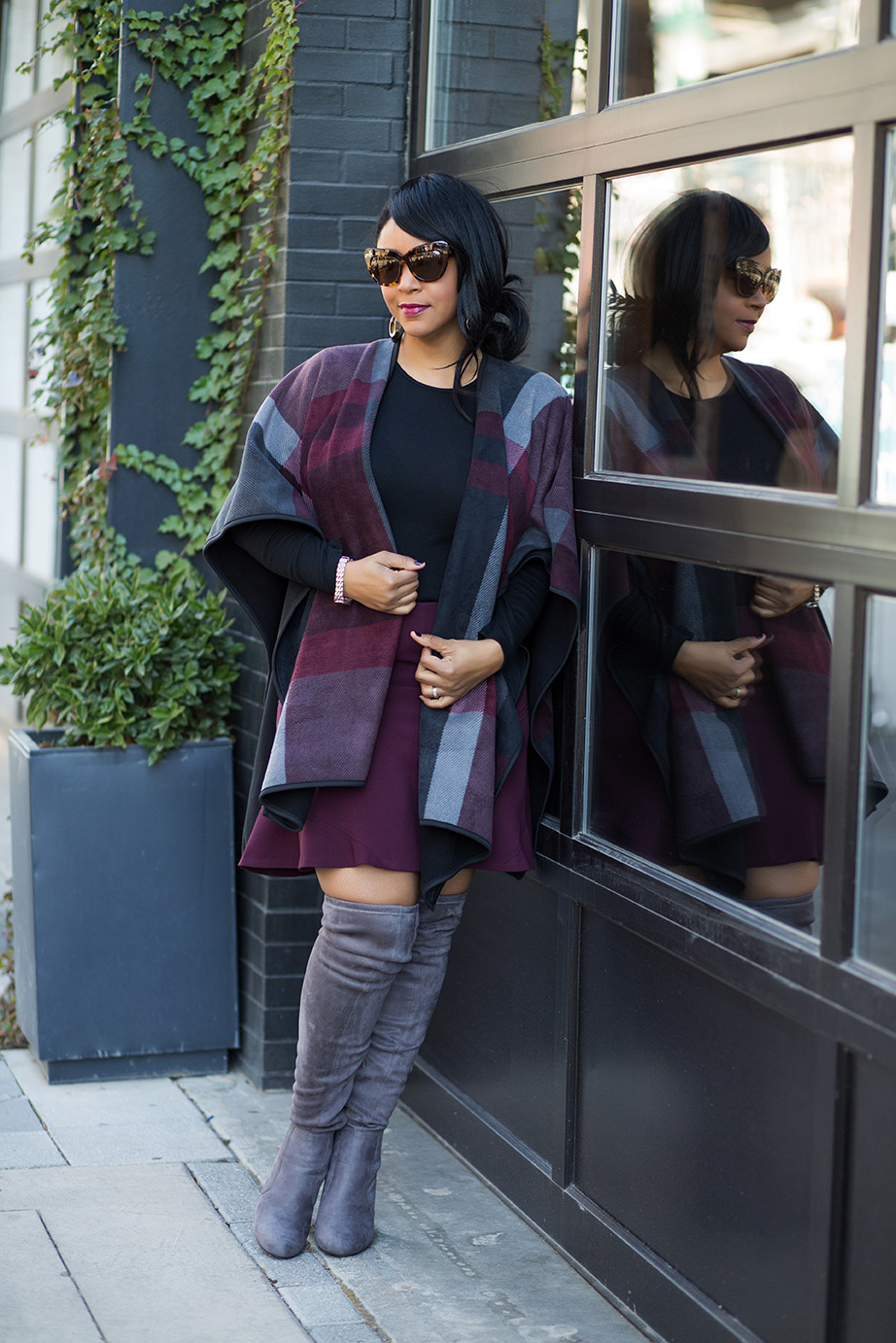 A case for Cold Weather capes: Costco wool print cape, Gap Long Sleeve Crew Tee, LOFT skirt, Grey Over the Knee Boots, House of Harlow Chelsea sunglasses, outfit of the day