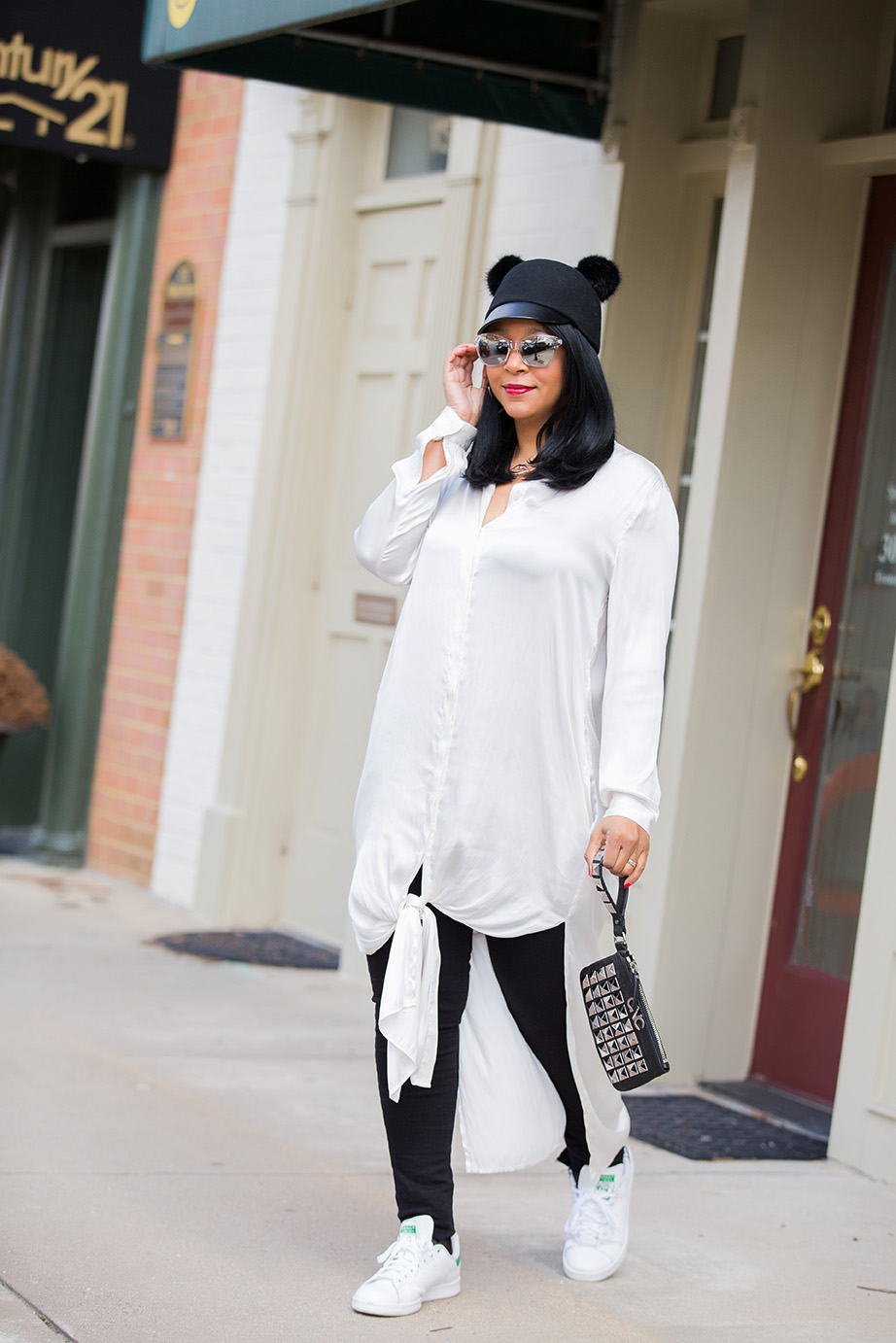 What's Haute Closet: Sometimes you just wanna kick up & kick off your heels: H&M Wool Hat with fur ball cat ears, H&M maxi shirt, adidas Stan Smith sneakers, Topshop Step Hem Jeans, Fishnet Socks, CNC by Costume National Studded Wristlet Clutch, gold leather moto jacket