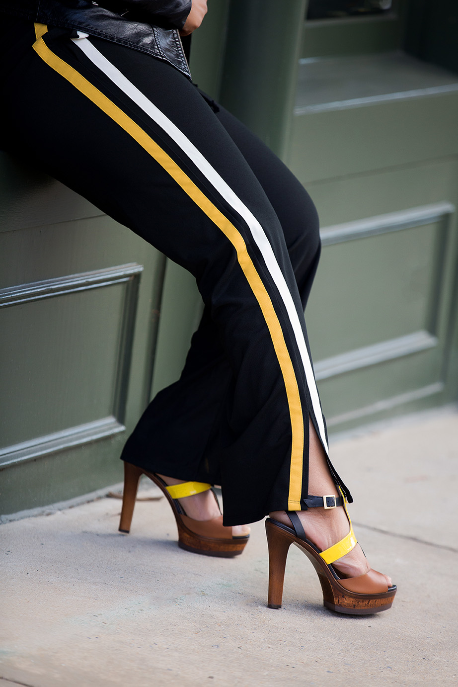 What’s Haute, What’s Haute Closet, A Good Sport - What I’m Wearing: H&M Biker Jacket, H&M Draped Bodysuit, Who What Wear Women’s Track Pant with Side Stripe, Jimmy Choo Samos Leather And Wood Platform Sandals, athleisure, athletic style, being a good sport, inspiration