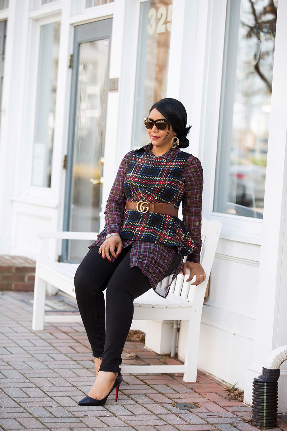 Style in a Cinch: What I'm Wearing - ASOS Tartan Peplum Top, Sheer Plaid Shirt, Gucci Ayers Leather belt with double G buckle, Topshop Step Hem Jeans, Christian Louboutin Pigalle 100 black leather pumps, What's Haute