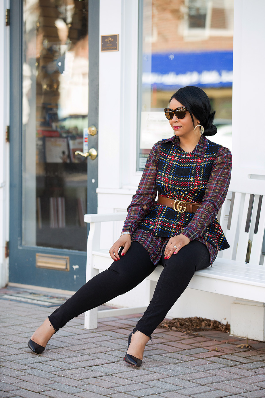 Style in a Cinch: What I'm Wearing - ASOS Tartan Peplum Top, Sheer Plaid Shirt, Gucci Ayers Leather belt with double G buckle, Topshop Step Hem Jeans, Christian Louboutin Pigalle 100 black leather pumps, What's Haute