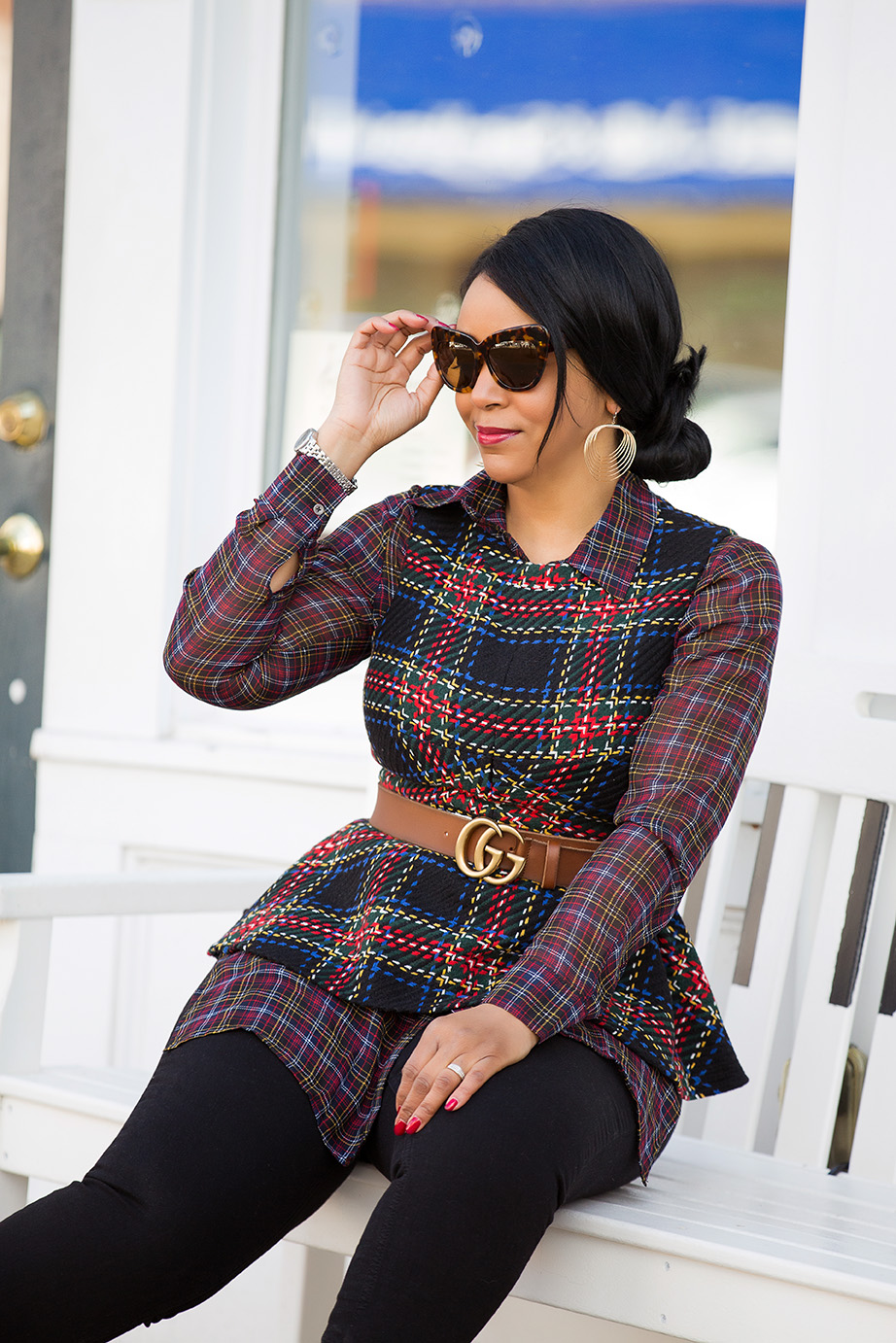 Style in a Cinch: What I'm Wearing - ASOS Tartan Peplum Top, Sheer Plaid Shirt, Gucci Ayers Leather belt with double G buckle, Topshop Step Hem Jeans, Christian Louboutin Pigalle 100 black leather pumps, What's Haute