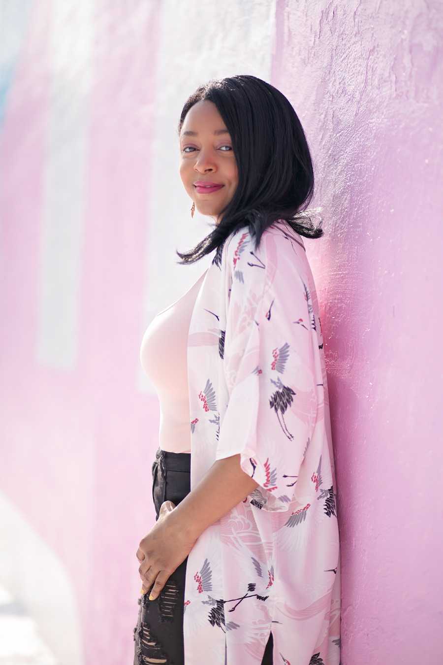 Cranes in the Sky, and On My Kimono: What I'm Wearing: Crane Print Longline Kimono, Tank top, Distressed denim skirt, Pink over the knee boots