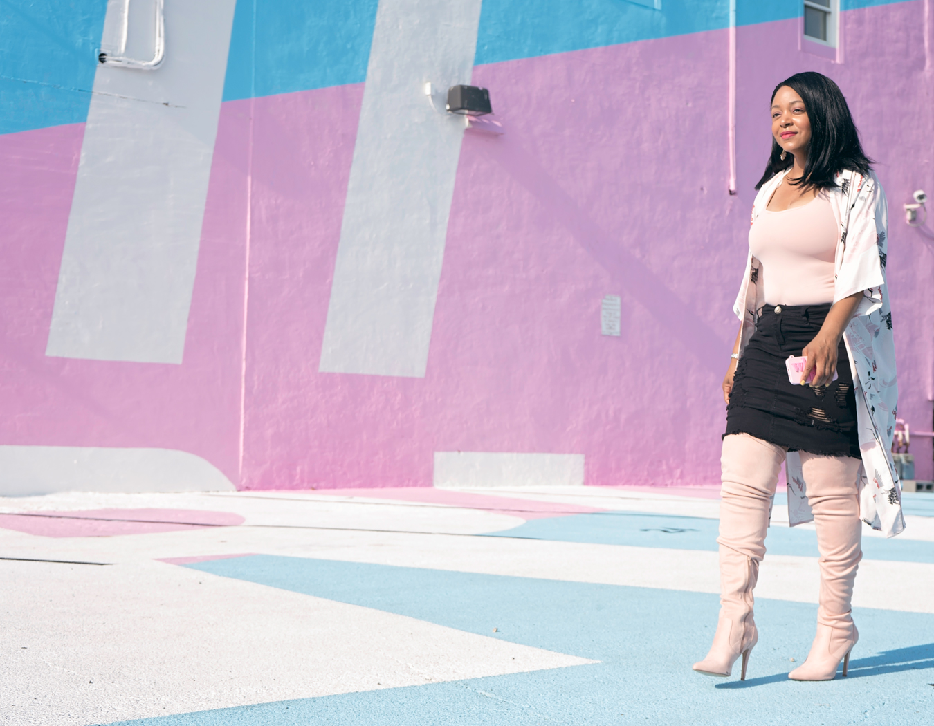 Cranes in the Sky, and On My Kimono: What I'm Wearing: Crane Print Longline Kimono, Tank top, Distressed denim skirt, Pink over the knee boots