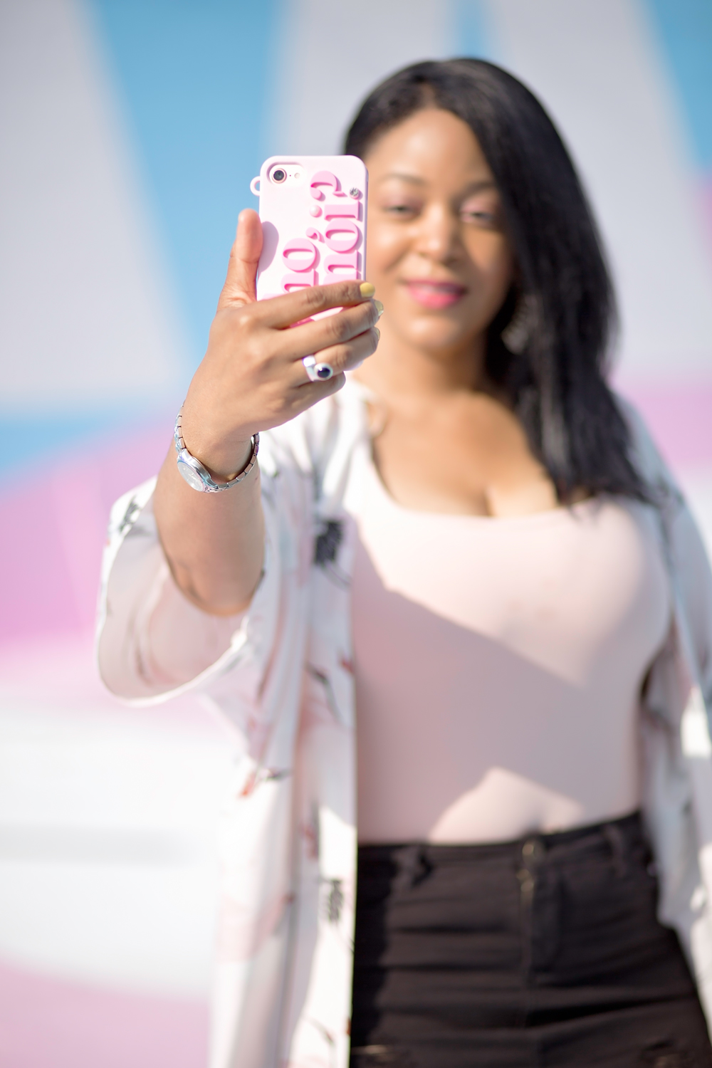 Cranes in the Sky, and On My Kimono: What I'm Wearing: Crane Print Longline Kimono, Tank top, Distressed denim skirt, Pink over the knee boots, Who Moi iPhone case & selfie