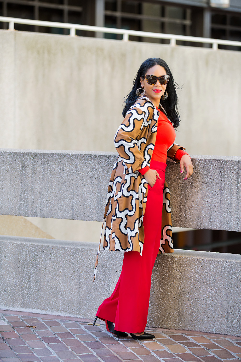 Four Ways to Tackle Mondays Like a Boss / What I'm Wearing: DvF Squiggle Print Trench coat, orange H&M Bodysuit, red H&M Suit Pants, Christian Louboutin Pigalle Pumps