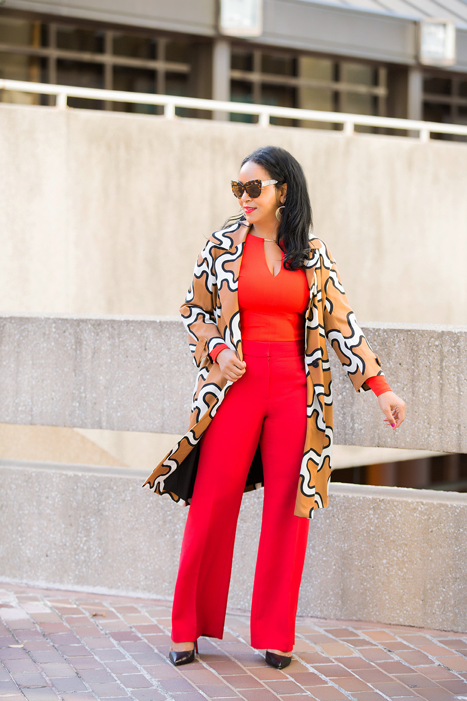 Four Ways to Tackle Mondays Like a Boss / What I'm Wearing: DvF Squiggle Print Trench coat, orange H&M Bodysuit, red H&M Suit Pants, Christian Louboutin Pigalle Pumps