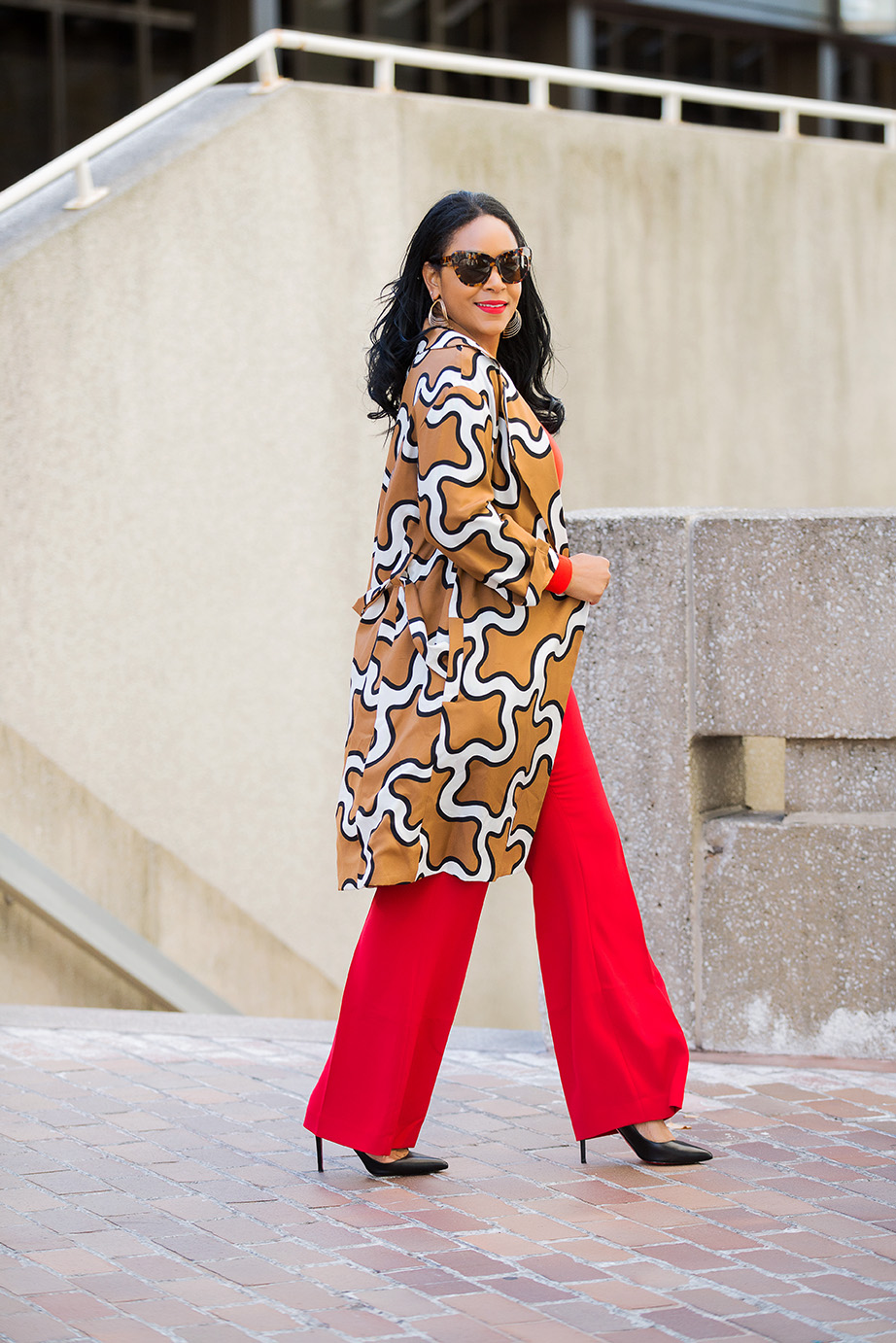 Four Ways to Tackle Mondays Like a Boss / What I'm Wearing: DvF Squiggle Print Trench coat, orange H&M Bodysuit, red H&M Suit Pants, Christian Louboutin Pigalle Pumps