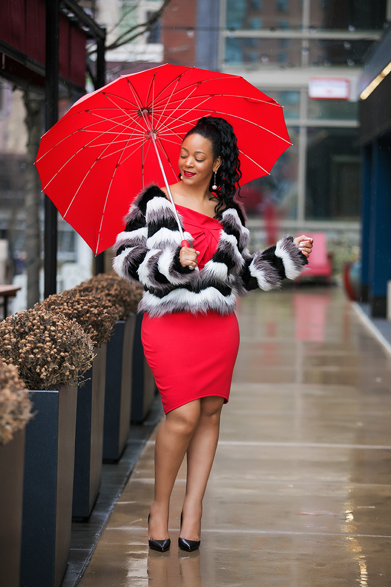 Happy Valentine's Day; Valentine's Day date night outfit ideas, Monochrome Chevron Open Front Faux Fur Coat, ShoeDazzle Off Shoulder Body Con red Dress, Uncommon Goods Crimson Heart Umbrella, Christian Louboutin Pigalle Leather Pumps