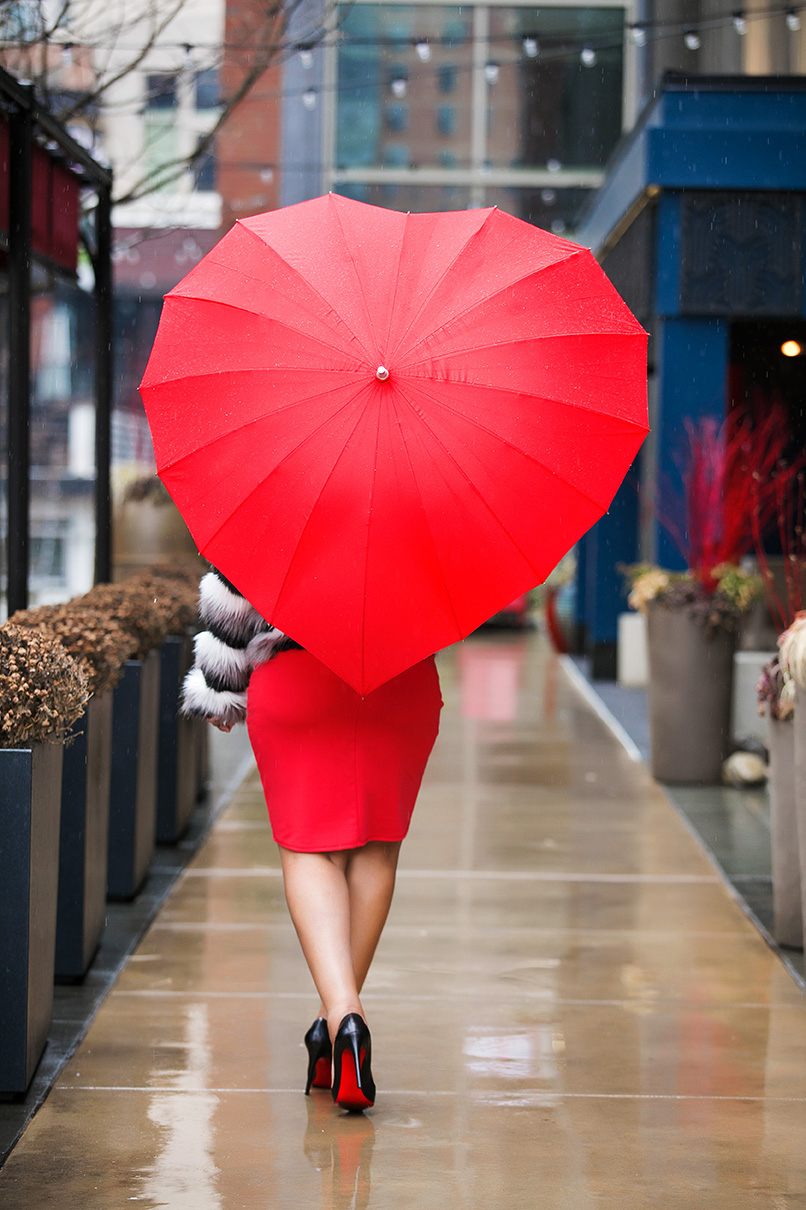 Happy Valentine's Day; Valentine's Day date night outfit ideas, Monochrome Chevron Open Front Faux Fur Coat, ShoeDazzle Off Shoulder Body Con red Dress, Uncommon Goods Crimson Heart Umbrella, Christian Louboutin Pigalle Leather Pumps