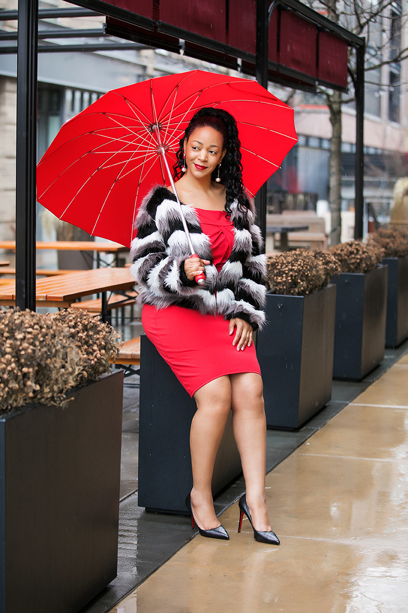 Happy Valentine's Day; Valentine's Day date night outfit ideas, Monochrome Chevron Open Front Faux Fur Coat, ShoeDazzle Off Shoulder Body Con red Dress, Uncommon Goods Crimson Heart Umbrella, Christian Louboutin Pigalle Leather Pumps