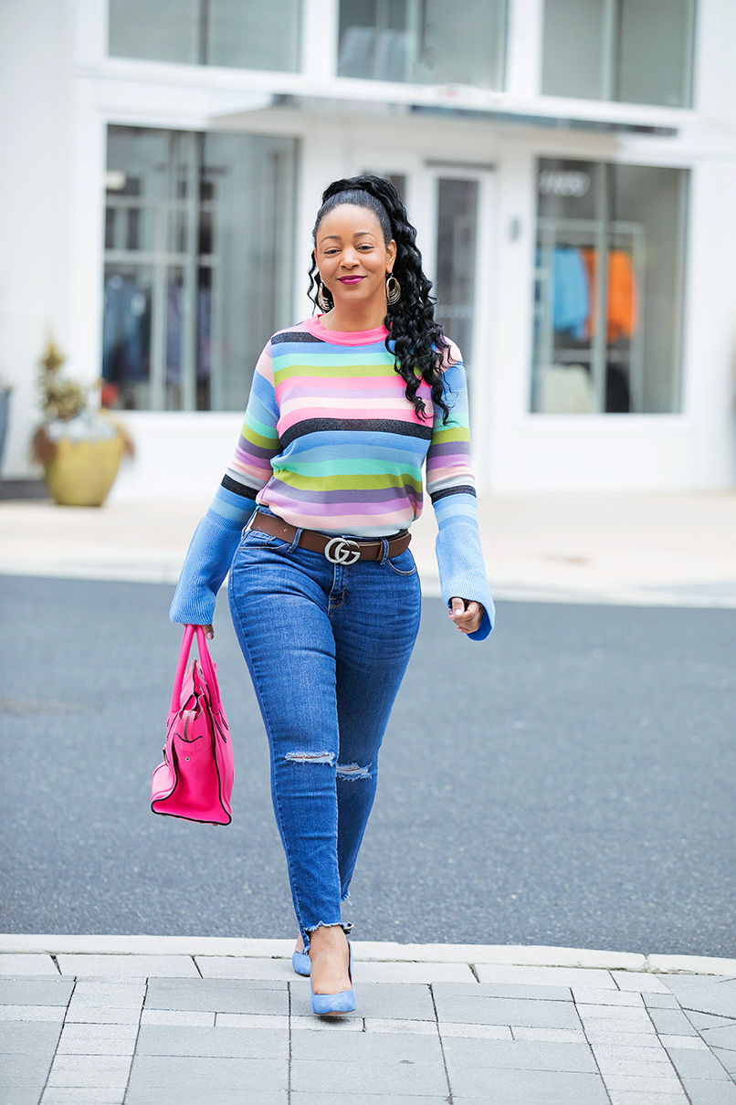 What's Haute outfit of the day: ASOS Sweater with Multi Stripe and Fluted Sleeves (and pastel rainbow stripes), Mossimo Light Wash Curvy Skinny Jeans with Knee Slits & Uneven Raw Hem, Gucci GG Marmont leather belt, Banana Republic Womens Madison 12-Hour Pump in Blue Suede, Celine Leather Luggage Nano bag in fluoro pink, rainbow days