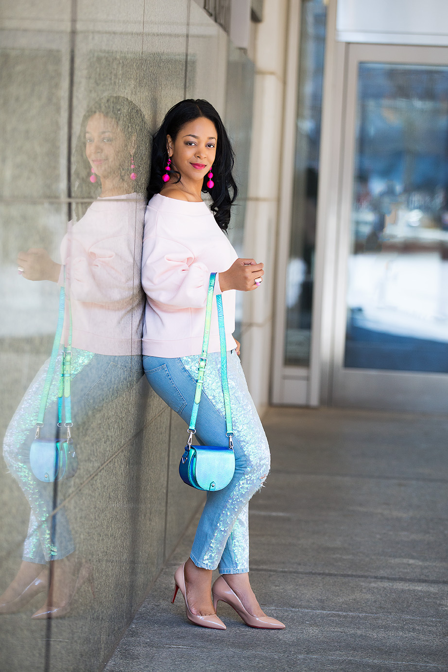 What I'm Wearing on National Unicorn Day, Baublebar Crispin Drop Earrings, H&M Off-the-shoulder top, Topshop Sequin Jeans, Sequin Mermaid jeans, Christian Louboutin Pigalle Patent Leather Pumps, Rebecca Minkoff Astor Saddle Shoulder Bag, Jae Jae's Jewelry