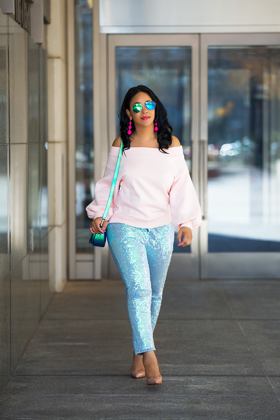 What I'm Wearing on National Unicorn Day, Baublebar Crispin Drop Earrings, H&M Off-the-shoulder top, Topshop Sequin Jeans, Sequin Mermaid jeans, Christian Louboutin Pigalle Patent Leather Pumps, Rebecca Minkoff Astor Saddle Shoulder Bag, Jae Jae's Jewelry