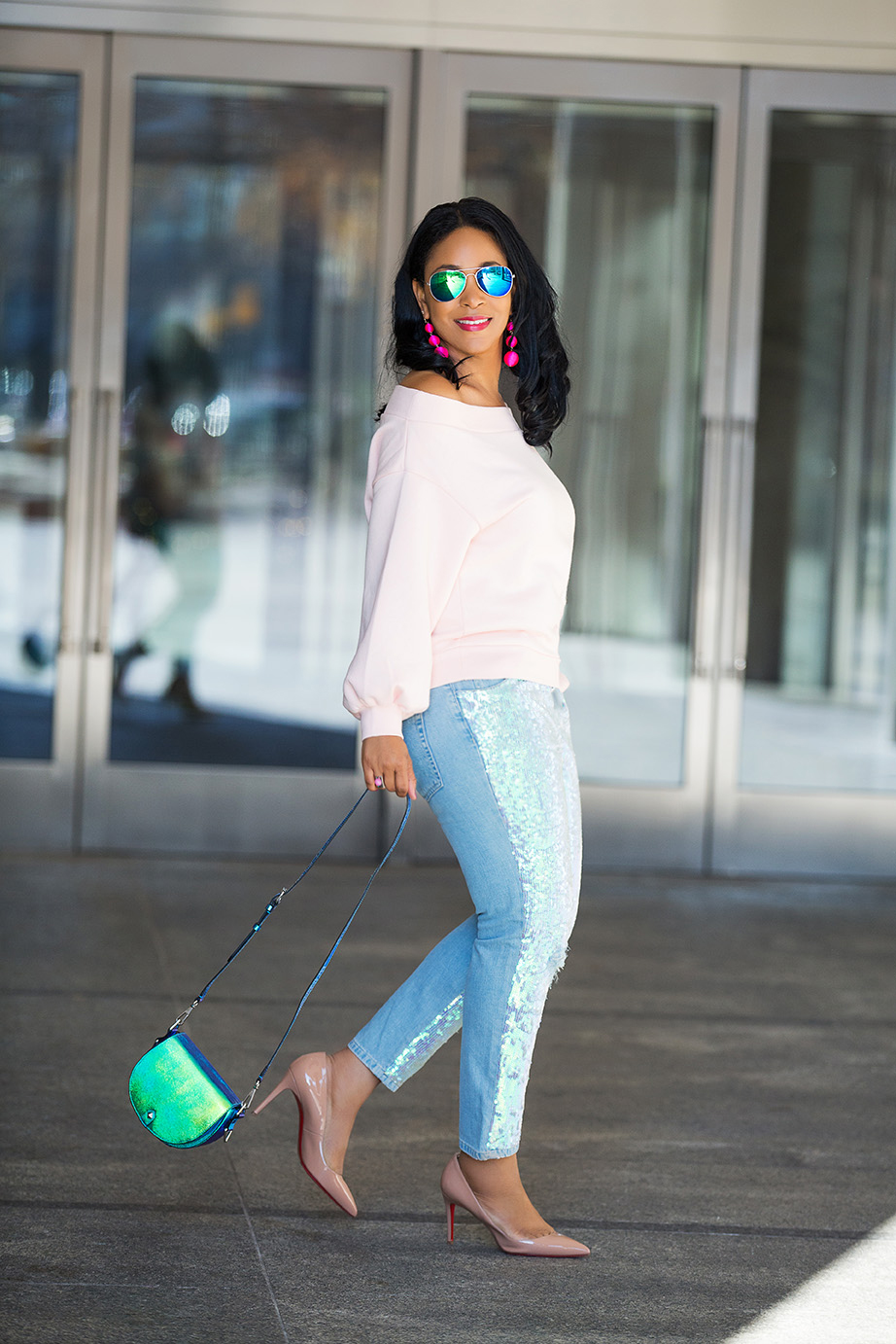 What I'm Wearing on National Unicorn Day, Baublebar Crispin Drop Earrings, H&M Off-the-shoulder top, Topshop Sequin Jeans, Sequin Mermaid jeans, Christian Louboutin Pigalle Patent Leather Pumps, Rebecca Minkoff Astor Saddle Shoulder Bag, Jae Jae's Jewelry 