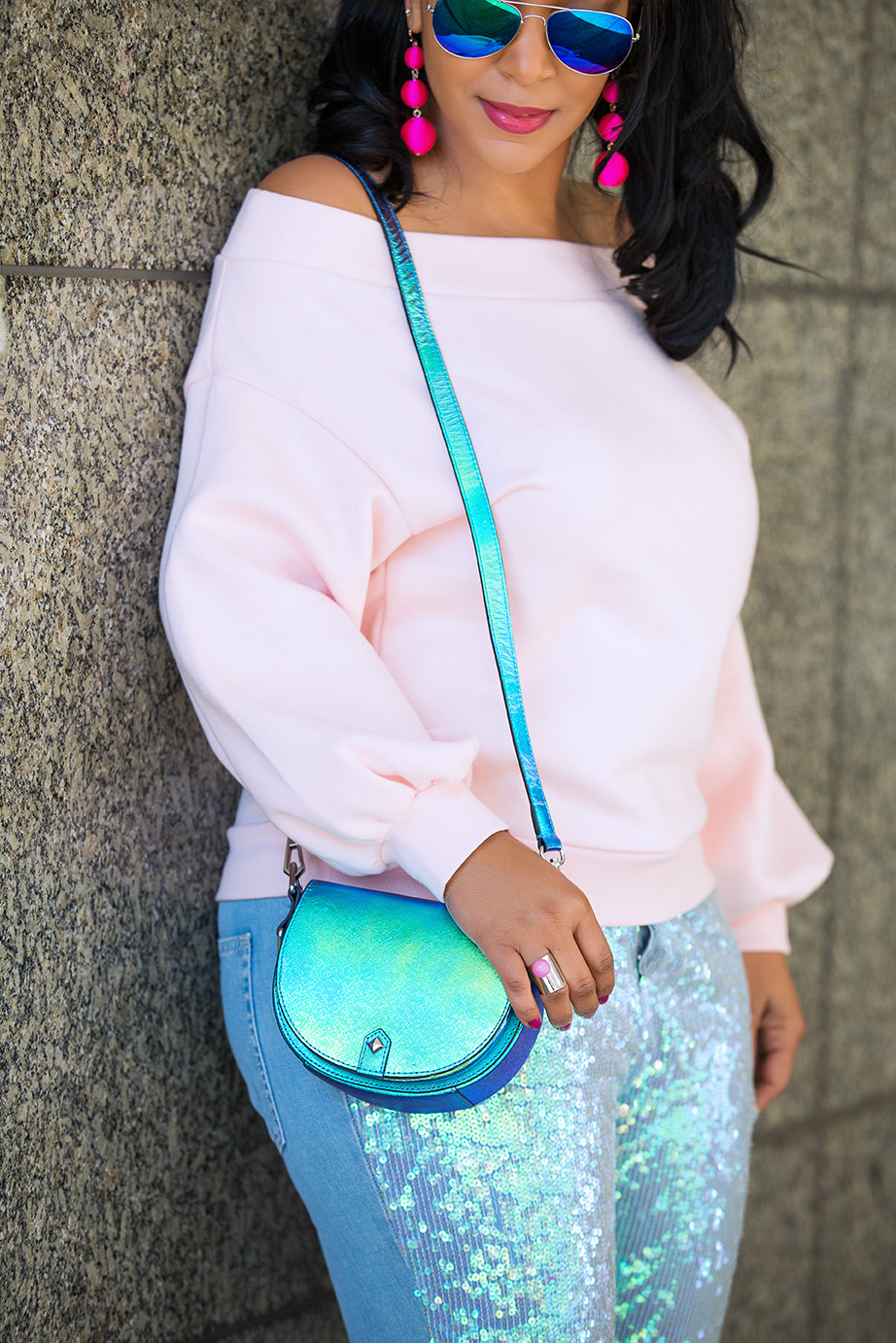 What I'm Wearing on National Unicorn Day, Baublebar Crispin Drop Earrings, H&M Off-the-shoulder top, Topshop Sequin Jeans, Sequin Mermaid jeans, Christian Louboutin Pigalle Patent Leather Pumps, Rebecca Minkoff Astor Saddle Shoulder Bag, Jae Jae's Jewelry