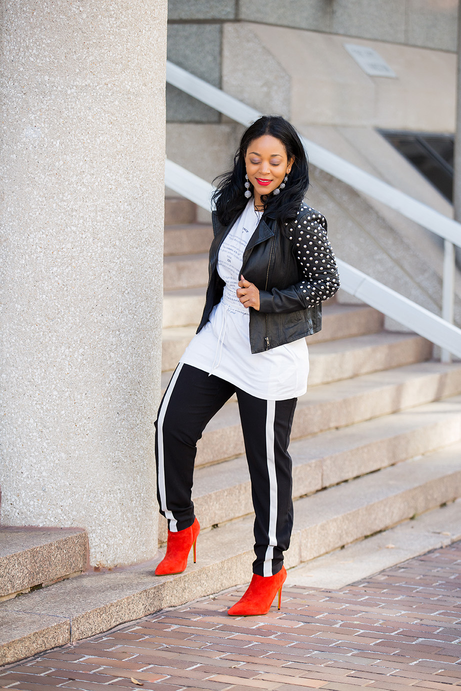 Leather Weather - What I'm Wearing: ASOS Studded Sleeve Leather Jacket, TOPSHOP Romance Corset T-Shirt, ASOS Black Trousers with White Stripe, Red suede boots