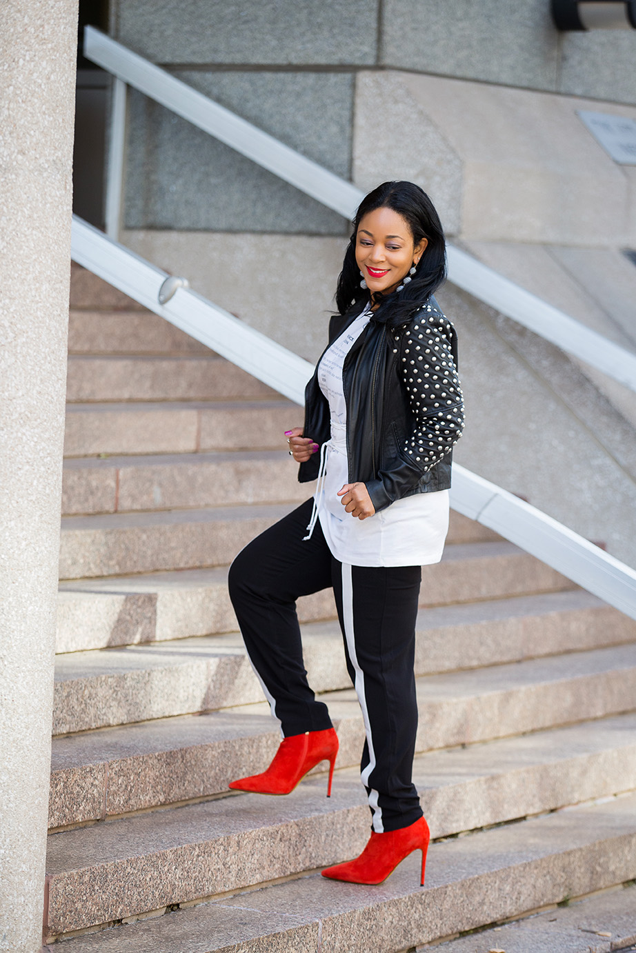 Leather Weather - What I'm Wearing: ASOS Studded Sleeve Leather Jacket, TOPSHOP Romance Corset T-Shirt, ASOS Black Trousers with White Stripe, Red suede boots