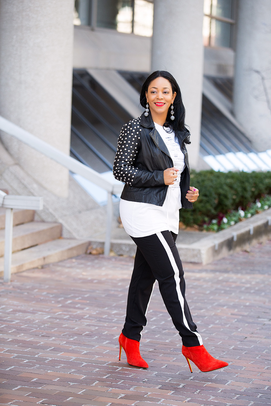 Leather Weather - What I'm Wearing: ASOS Studded Sleeve Leather Jacket, TOPSHOP Romance Corset T-Shirt, ASOS Black Trousers with White Stripe, Red suede boots